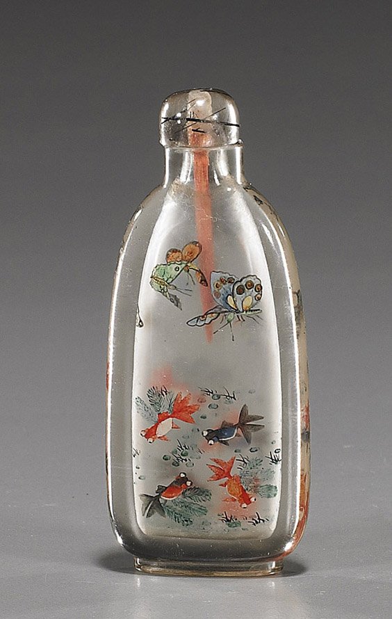 Chinese Inside Painted Glass Snuff Bottle: Chinese Inside Painted Glass Snuff Bottle Early 20th Century, Chinese inside painted glass snuff bottle; of delicate design with fish among water plants and butterflies in flight above, signed; hair c