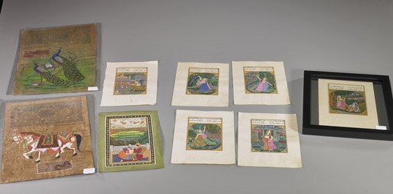 Collection of Indian Miniature Paintings: Collection of Indian Miniature Paintings Collection of 9 old and antique Indian miniature paintings on paper, including: 2 large and painted over written documents with various seals and stamps: one o
