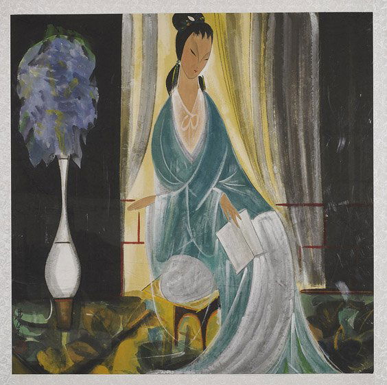 Two Chinese Framed Scrolls: Women: Two Chinese Framed Scrolls: WomenGroup of 2 Chinese ink and colors on paper scrolls: one of an old woman wearing a scarf; the other colorful and depicting a beauty in long robes and seated next to a v