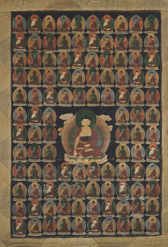 Antique Tibetan Buddhist Thanka: Antique Tibetan Buddhist Thanka Antique Tibetan thanka; depicting a central Buddha surrounded by numerous aspects of Buddha, finely detailed (some wear, stains to mount); 26" x 17 1/4"