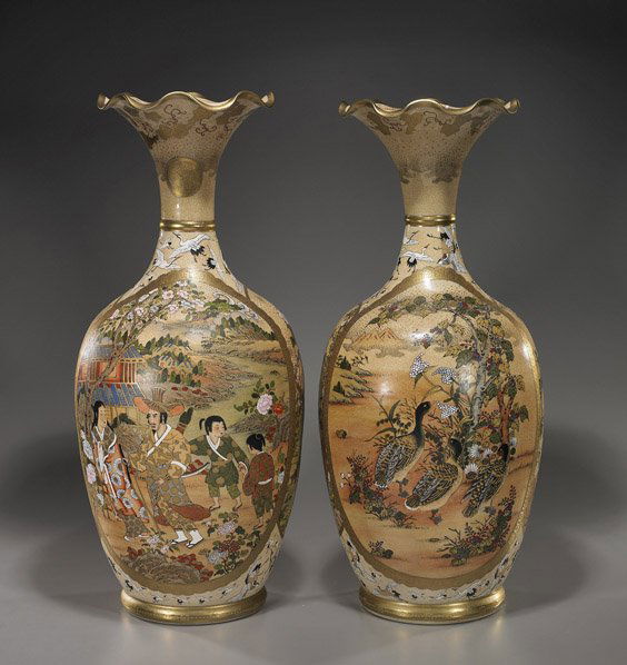 Pair Tall Satsuma-Style Vases: Cranes: Pair Tall Satsuma-Style Vases: CranesPair tall Satsuma-style earthenware vases; each of ovoid form with foliate mouths: and each with elaborate figural, bird and floral panels on "thousand cranes"-typ