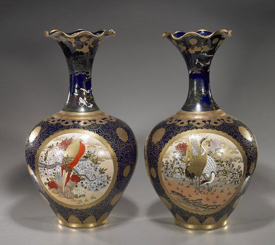 Pair Large Satsuma-Style Bottle Vases: Pair Large Satsuma-Style Bottle VasesPair large Satsuma-style glazed earthenware vases; of somewhat bottle form with long narrow necks and foliate mouths: each with 3 panels depicting birds and floral