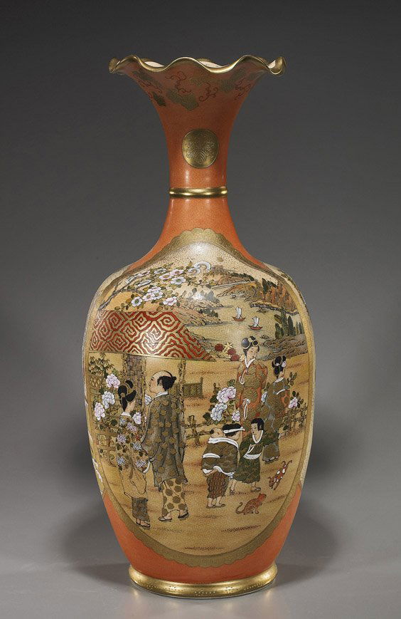 Elaborate & Tall Satsuma-Style Vase: Elaborate & Tall Satsuma-Style VaseTall Satsuma-style glazed earthenware vase; ovoid form with foliate mouth: unusual ground of somewhat coral color and with elaborate figural, bird and floral motifs,