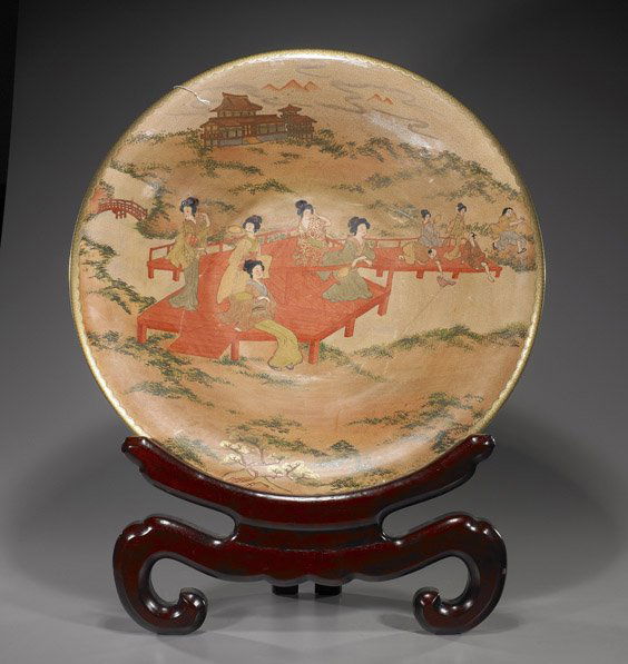 Massive Satsuma-Style Charger: Beauties: Massive Satsuma-Style Charger: BeautiesMassive Satsuma-style earthenware charger: with design of beauties on a dock near the shore; the back with "thousand cranes" motif (rim repair), seal mark; D: 24
