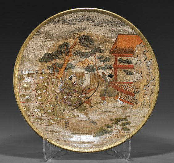 Large Satsuma-Style Charger: Warriors: Large Satsuma-Style Charger: WarriorsLarge Satsuma-style earthenware charger; with design of two warriors practicing with swords in a landscape, the exterior with "thousand cranes" design, seal marks;