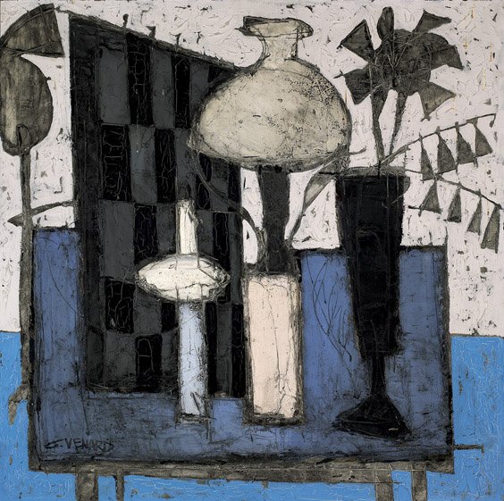 MULTIMEDIA PAINTING BY C. VENARD: 油彩畫布 靜物寫生 MULTIMEDIA PAINTING BY C. VENARD Oil and impasto on canvas painting by Claude Venard (French, 1913-1999): depicting a stylized still l