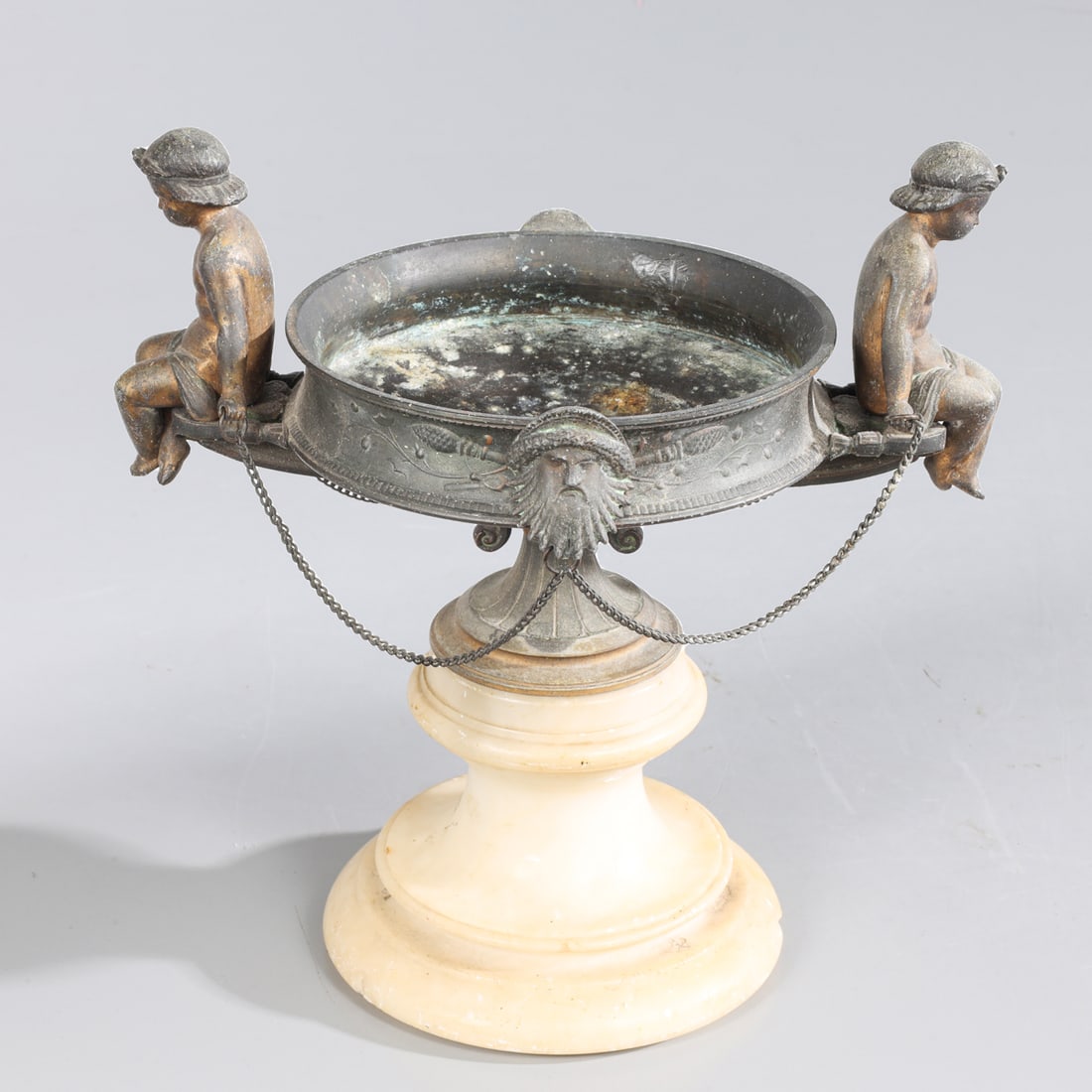 Vintage Italian Compote: Vintage carved stone and brass Italian compote; as-is condition- General marks and surface wear, chips at base, scratches, rubbing, flaws, and losses. Possible restorations; L 9" H 9 1/4" (Approx.)