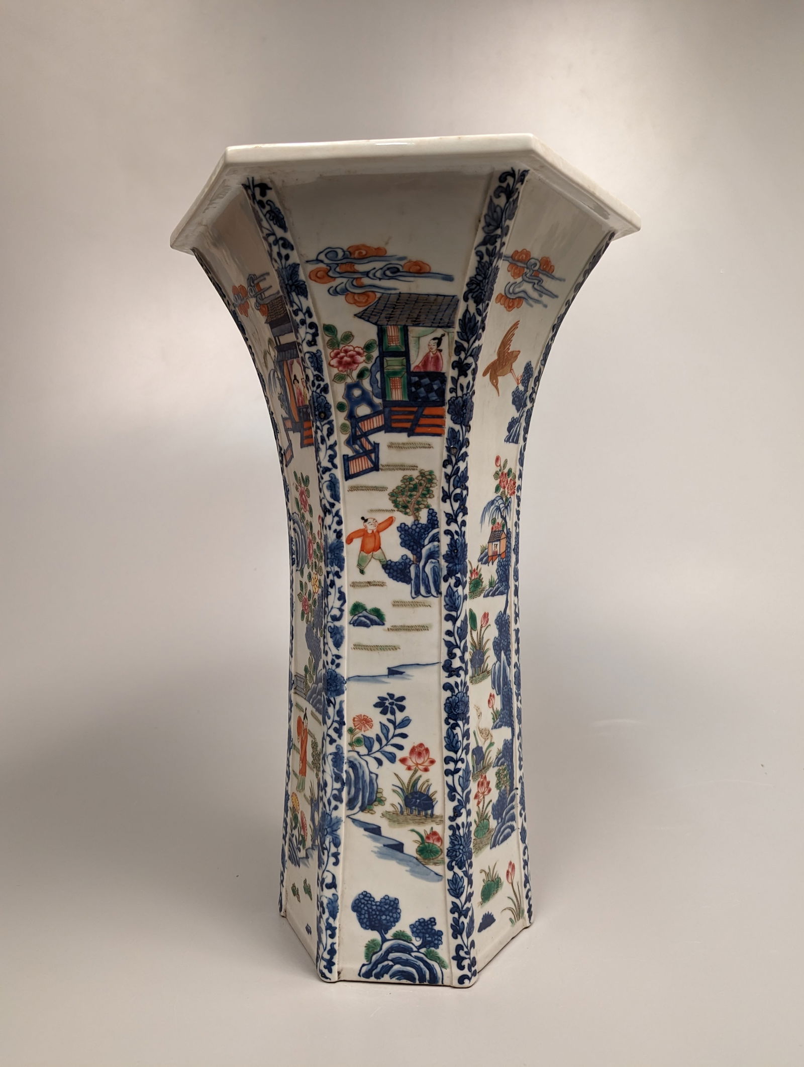 Blue and White with Enamel Porcelain Flared Hexagonal Vase (1 of 3)