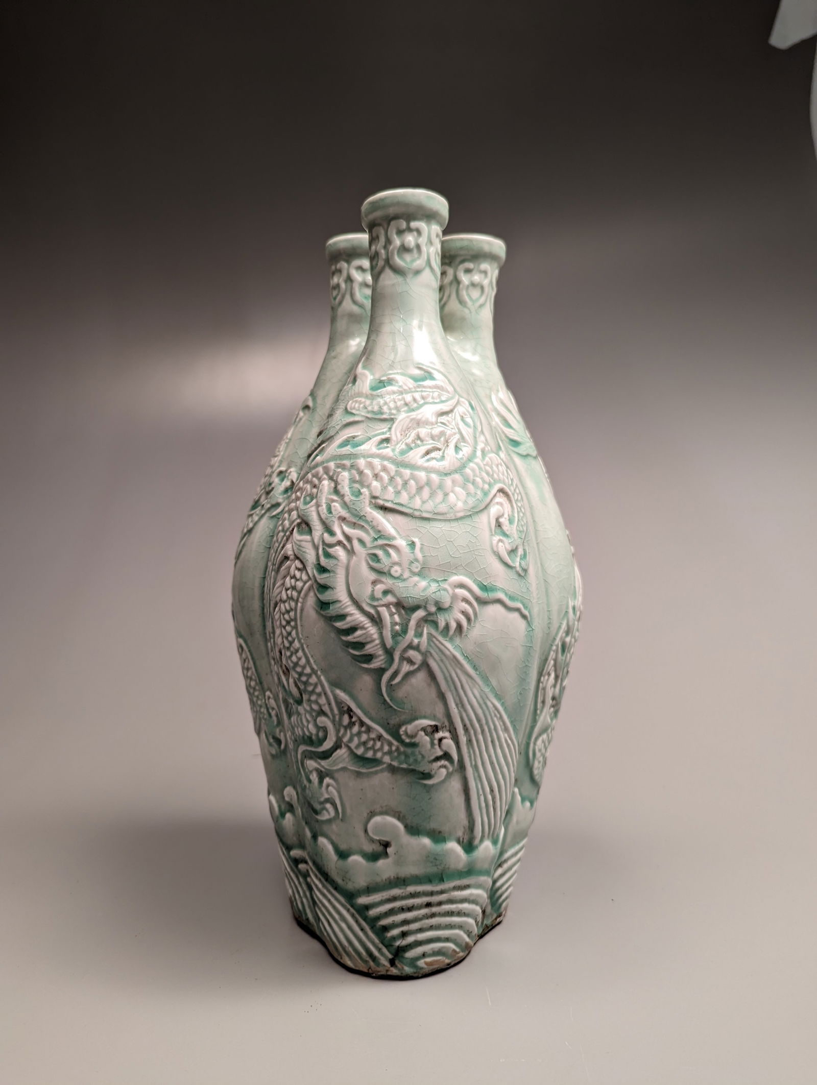 Chinese Celadon Triple-Mouth Dragon Vase (1 of 3)