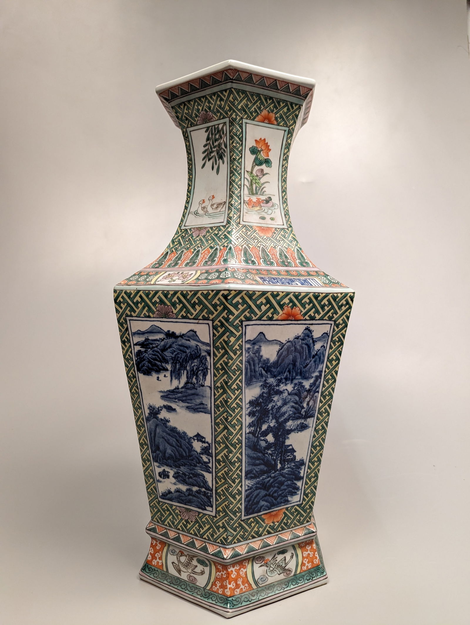 Tall Famille Verte with Blue and White Hexagonal Vase (1 of 4)