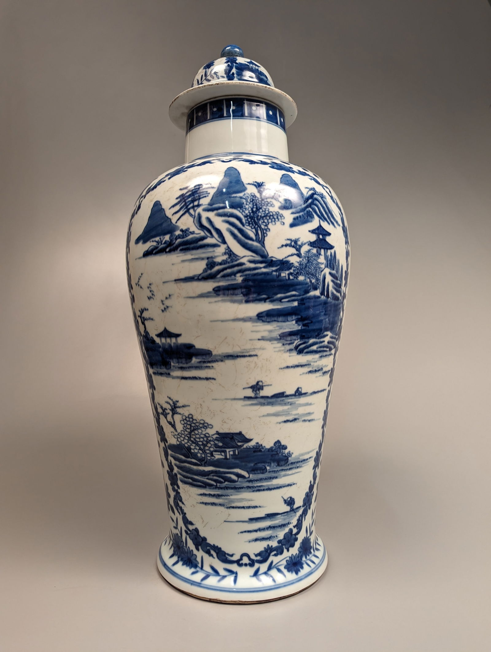 Tall Transitional-Style Blue and White Porcelain Covered Vase (1 of 2)