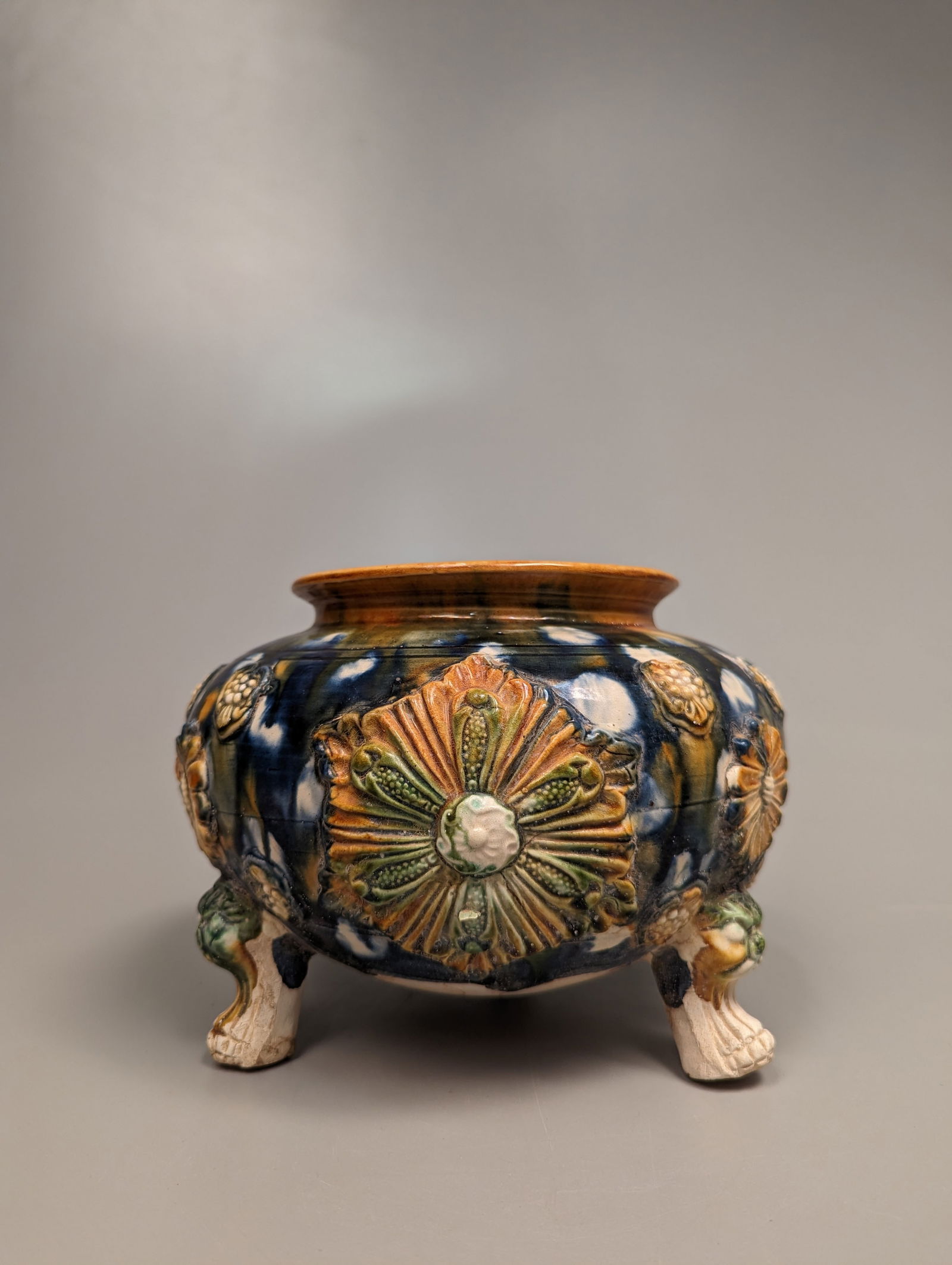 Tang-Style Sancai and Blue Glazed Pottery Tripod Censer (1 of 4)