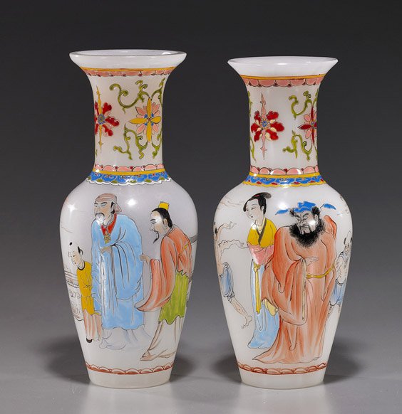 Pair Chinese Enameled Beijing Glass Vases: Pair Chinese Enameled Beijing Glass Vases Pair Chinese enameled white Beijing glass vases; each somewhat baluster form with figural designs, each with inscription and 4-character mark (minor wear); H:
