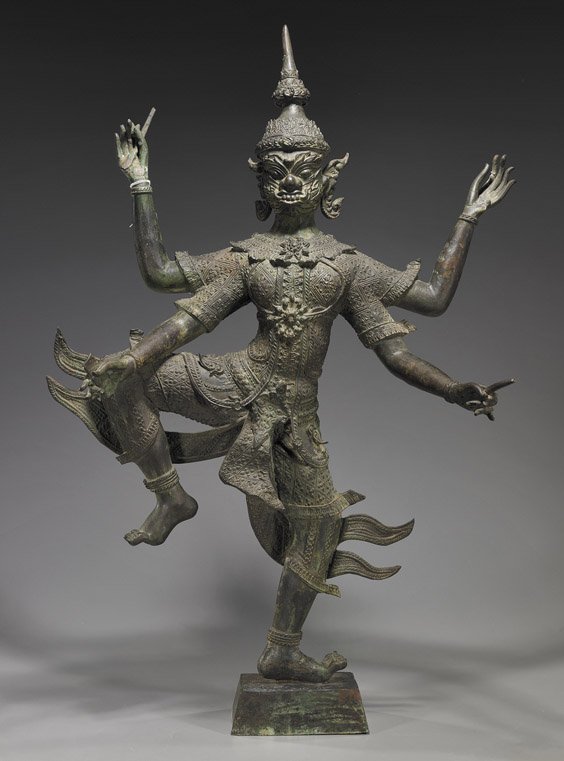 Indian or Nepalese Bronze Dancing Deity: Indian or Nepalese Bronze Dancing Deity Large and very elaborately cast, Indian or Nepalese bronze 4-armed deity; wearing detailed clothing and tall headdress, holding implements in each hand and danc