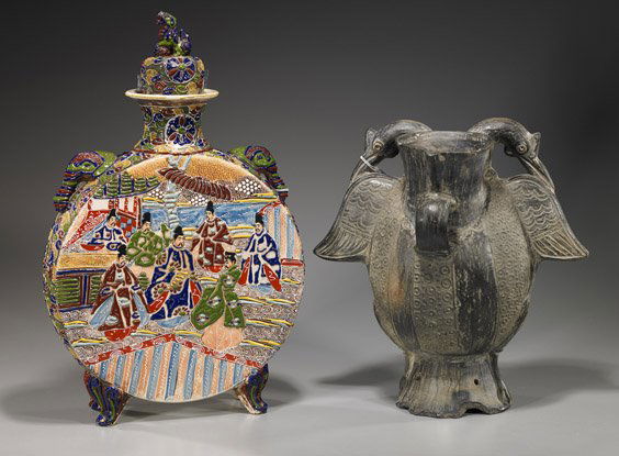 Two Large Ceramic Vessels: Japanese & Pre-Columbia: Two Large Ceramic Vessels: Japanese & Pre-ColumbianLarge and unusual, early 20th Century Japanese Satsuma moon flask form jar and cover on four feet, with designs to the front and back of figures in a