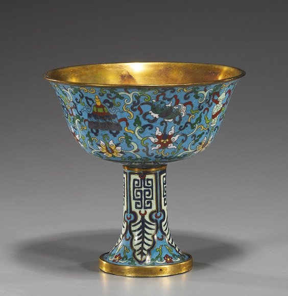 Chinese Cloisonné Enamel Stem Cup: Chinese Cloisonné Enamel Stem Cup Chinese, Qianlong-style cloisonné enamel stem cup; with colorful Buddhist emblems and florals on blue ground, seal mark (wear to gilt); D: 6 1/4"