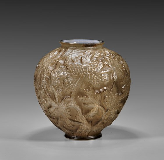 Gray Art Glass Vase After Lalique: Gray Art Glass Vase After Lalique Art Glass vase by Phoenix and Consolidated Glass, of the Martele line; done in the style of Lalique: of bulbous tapered form with design of pine cones and pine needle