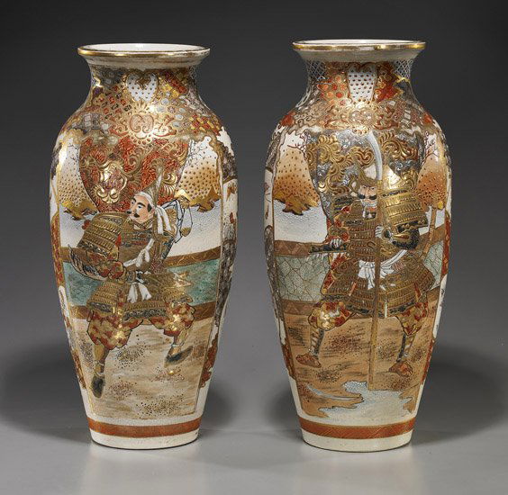 Pair Antique Japanese Satsuma Vases: Pair Antique Japanese Satsuma VasesPair of tall and antique, Japanese Satsuma glazed and heavily gilt earthenware vases: each of tapered ovoid form, with warrior designs and floral and butterfly panel