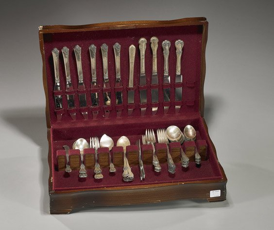Box of Sterling Silver Flatware: 49 Pieces: Box of Sterling Silver Flatware: 49 Pieces Box of Sterling Silver flatware; some Heirloom Damask Rose pattern: 6 dinner forks, 6 dessert forks, 6 soup spoons, 5 dessert spoons, 3 butter knives, and 6 