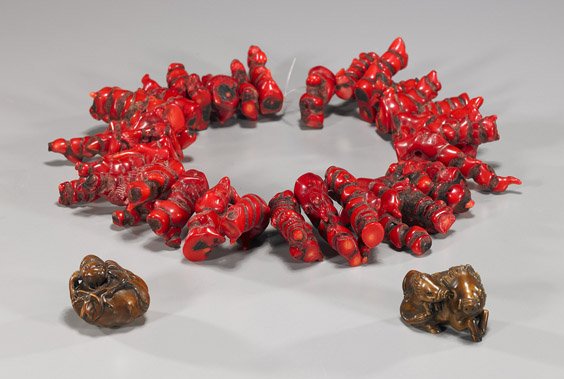 Coral Branch Necklace & 2 Wood Netsuke: Coral Branch Necklace & 2 Wood Netsuke Unusual necklace comprised of coral branches (enhanced coloration); together with 2 carved wood netsuke: warthog with a young warthog on its back, and a spider a