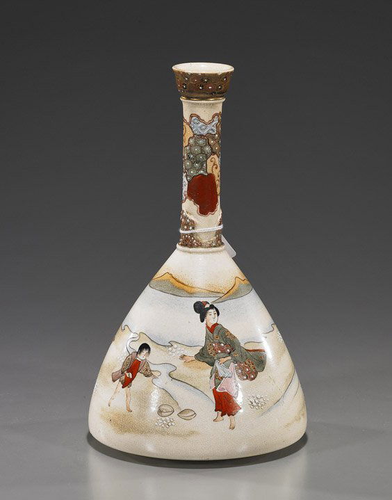 Antique Japanese Satsuma Bottle Vase: Antique Japanese Satsuma Bottle VaseAntique Japanese Satsuma earthenware vase; of unusual bottle form with tapered with somewhat conical body, and with design of ladies and children by the seashore, s