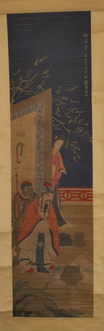 Two Chinese Figural Paper Scrolls: Two Chinese Figural Paper Scrolls Two Chinese ink and colors on paper scrolls: group of figures seated at a table beneath pine (heavily toned and with flaws), signed; together with a scene of figures 