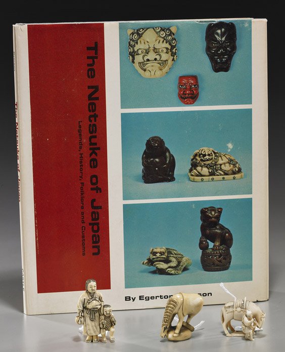 Three Carved Ivory Netsuke & Book: Three Carved Ivory Netsuke & Book Group of 3, well carved ivory netsuke: standing woman with teapot and tied bag, a boy at her feet; figure leading a horse; and a Chokwara horse standing on a rounded 