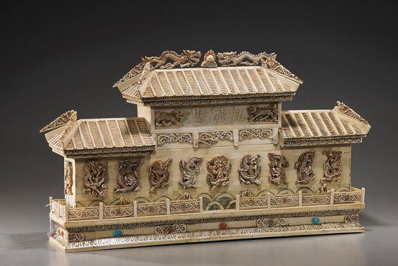 Large Chinese Carved Bone Dragon Wall: Large Chinese Carved Bone Dragon WallLarge Chinese carved and appliquï¿½, sectional bone model of the 9-dragon wall; with writhing dragons, qilin, openwork details and cabochon "jewels" (some flaws