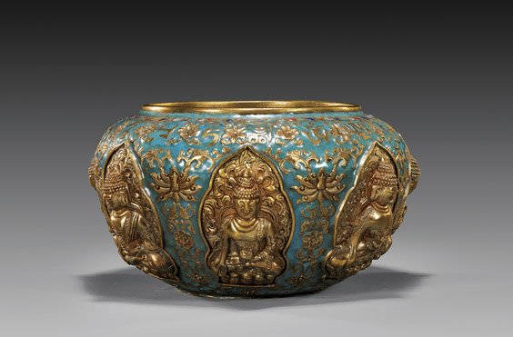 Chinese Enameled & Gilt Bronze Bowl: Chinese Enameled & Gilt Bronze Bowl Sino-Tibetan-style, Chinese enamel and gilt bronze bowl; with 7 moulded Buddhist deity figures: each seated with mandorla and in high relief, on blue ground with Bu