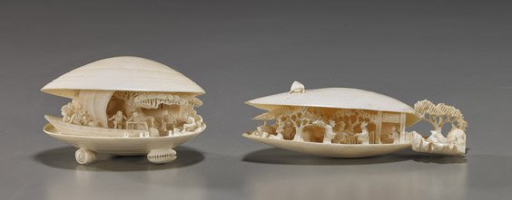 Two Chinese Carved Ivory Clam's Dreams: Two Chinese Carved Ivory Clam's Dreams Two very elaborately interior carved, old Chinese ivory clam's dreams: one with scene of figures among trees and dwellings extending out of the "shell; the other