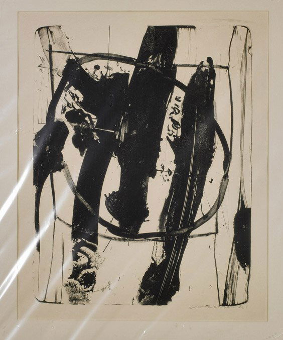 Signed Lithograph by Peter Voulkos: Signed Lithograph by Peter VoulkosLithograph by Peter Voulkos (Greek American, 1924ï¿½2002); abstract in black and white, pencil signed and dated 1961; 19 1/2" x 15 1/2", in acrylic frame