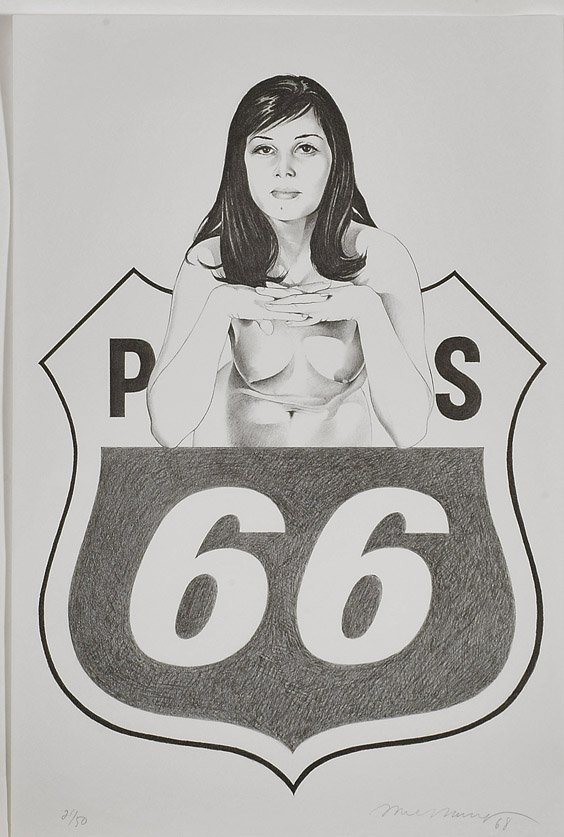 Signed Route 66 Lithograph by Ramos: Signed Route 66 Lithograph by Ramos Route 66 lithograph by Mel Ramos (American, b. 1935); depicting a bare-breasted woman resting her elbows on the route 66 sign, pencil signed and dated 1968, numbere