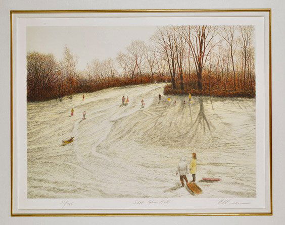 Landscape Lithograph by Harold Altman: Landscape Lithograph by Harold AltmanLithograph by Harold Altman (American, 1924-2003); depicting figures walking and sleding in a winter landscape among trees, pencil signed, numbered 33/285, and ent