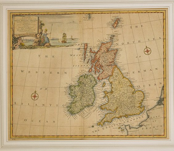 Two Antique Cartographic Engravings: Two Antique Cartographic Engravings Two colorful antique cartographic engravings: one depicting the northern England county of Northumberland by John Speed (English, 1542ï¿½1629); and the British I