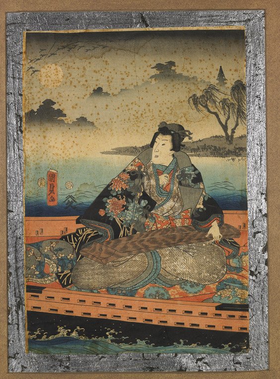 Two Antique Japanese Woodblock Prints: Two Antique Japanese Woodblock Prints Two antique Japanese woodblock prints: one depicting a beauty seated in a boat and playing a stringed instrument; the other of figures walking on the shore, and t