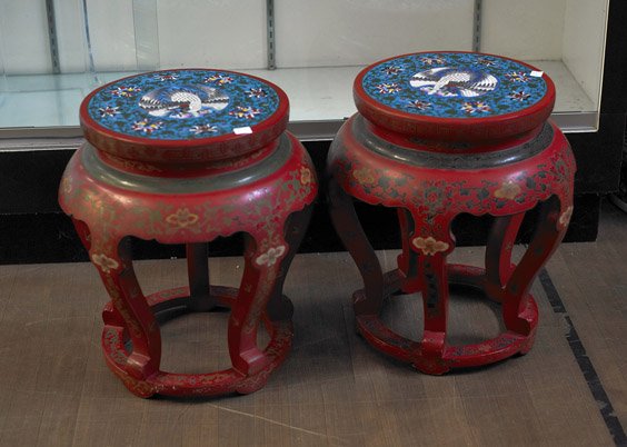 Pair Chinese Red Lacquer Garden Stools: Pair Chinese Red Lacquer Garden Stools Pair Chinese red lacquer garden stools: each circular form, footed and with floral designs; both with cloisonnï¿½ enamel circular plaques of cranes and flower