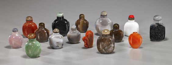 Group of 15 Chinese Agate Snuff Bottles: Group of 15 Chinese Agate Snuff BottlesGroup of 15, various finely or well hollowed, Chinese agate snuff bottles, including: chalcedony, carnelian, aventurine, some unusual coloration; 7 with mask and