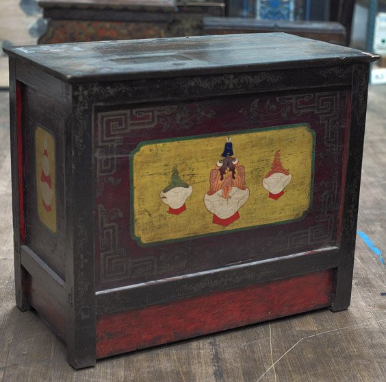 Large Tibetan/Mongolian Painted Credenza: Large Tibetan/Mongolian Painted Credenza Large Tibetan or Mongolian credenza table; of rectangular form, the front painted with a central yellow panel featuring three unusual depictions of dissected s