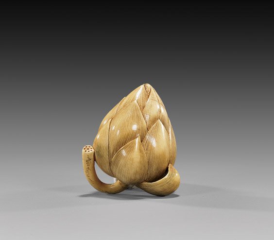 ANTIQUE IVORY NETSUKE: Lotus Bud: 象牙根付 ANTIQUE IVORY NETSUKE: Lotus Bud Very unusual and antique, carved ivory netsuke; of a single lotus bud, showing fine patina, unsigned, 19th Century; Provenance: Bushel