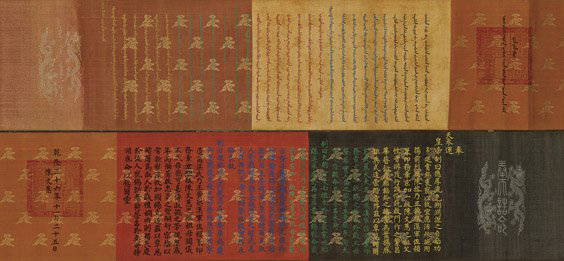 ANTIQUE CHINESE 'IMPERIAL' SILK EDICT: 五色奉天誥命 ANTIQUE CHINESE 'IMPERIAL' SILK EDICTAntique Chinese silk edict; mounted as a handscroll with Japanese lacquered scroll ends; inscription in Chinese an