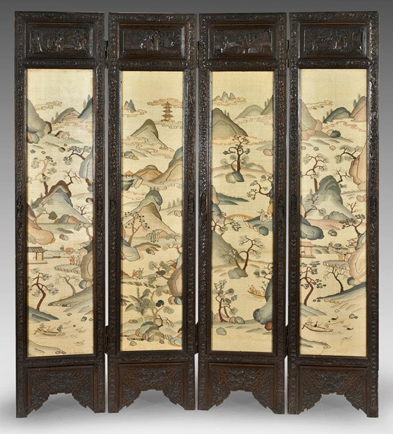 ANTIQUE CHINESE FOUR-PANEL SCREEN: 緙絲繡山水風景紋屏風 四扇 ANTIQUE CHINESE FOUR-PANEL KESI SCREEN Antique and elaborately carved, Chinese (probably camphor) four