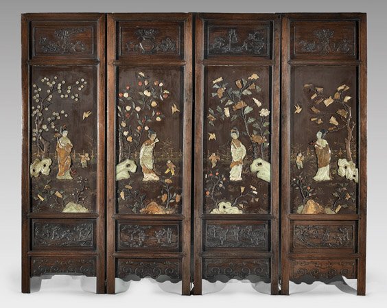 CHINESE HARDWOOD FOUR-PANEL SCREEN: 硬木嵌寶石庭院人物屏風 四扇 HARDWOOD & APPLIQUÉ FOUR-PANEL SCREEN Chinese appliqué hardwood four-panel screen: each pane