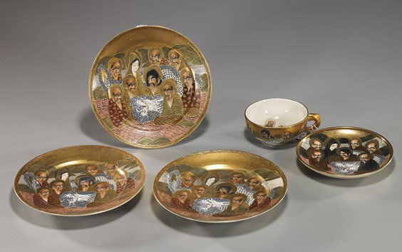 Group of Five Japanese Satsuma Items: Group of Five Japanese Satsuma ItemsGroup of 5 Japanese Satsuma glazed earthenware items: 3 matching plates, each with design of Arhats, Kannon and a dragon, with heavily gilt backgrounds; together wi