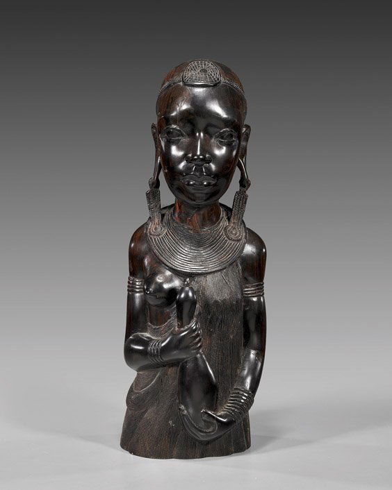 Heavy African Carved Ebony Wood Bust: Heavy African Carved Ebony Wood BustExtremely heavy, African carved ebony wood bust of a beauty; partially clothed and holding a gourd, wearing an elaborate necklace and headpiece, good detailing (min