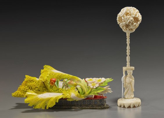 Two Chinese Carved Ivories: Puzzle Ball & Cabbage: 2 Chinese Carved Ivories: Puzzle Ball & Cabbage Two Chinese carved ivories: reticulated puzzle ball with at least 5 loose interior concentric balls, the exterior with writhing dragon among clouds, on 
