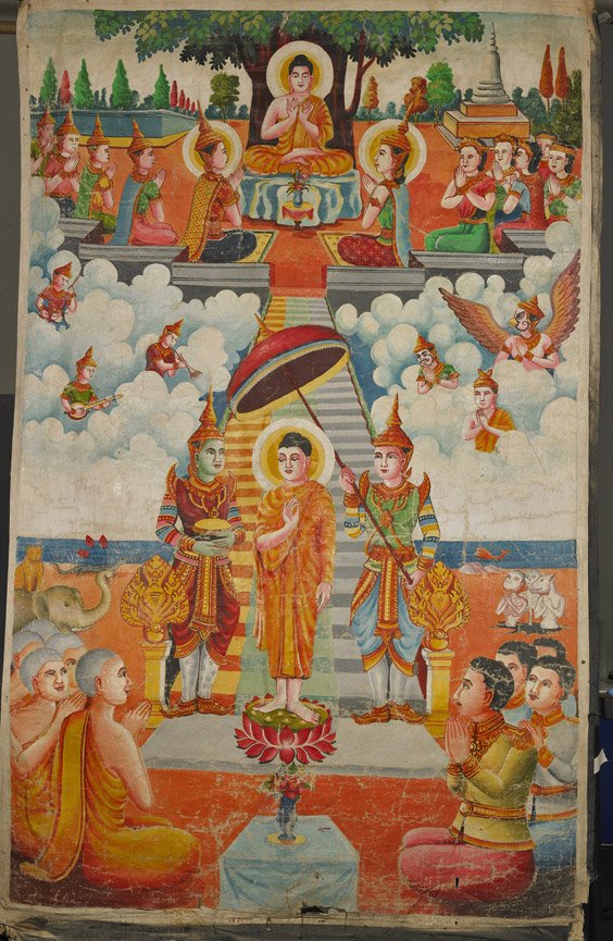 Large Thai Painting: Buddhas: Large Thai Painting: Buddhas Large and probably antique, Thai thanka-like ink and colors on canvas painting; depicting a seated Buddha above and standing Buddha below with various celestial figures an