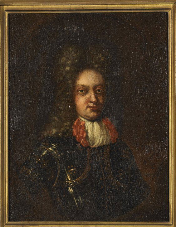 Continental Oil Painting: Nobleman: Continental Oil Painting: Nobleman in ArmourOil on canvas portrait of a nobleman; dressed in armour and tall collar at the neck, with elaborately coiffed hair (extensive craquelure); 17 3/4" x 13 1/2"