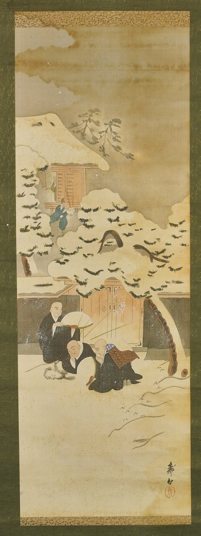 Japanese Silk Figural Scroll: Snow Scene: Japanese Silk Figural Scroll: Snow Scene Old Japanese ink and colors on silk scroll; depicting three figures in the snow before a gate, inscription and seal mark (stained and lightly toned); 43" x 16"