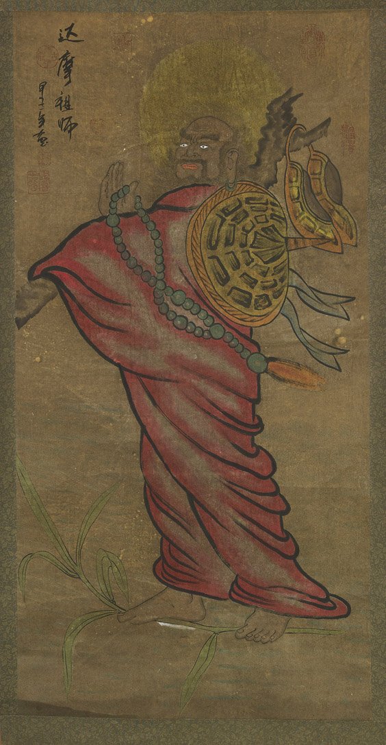 Chinese Paper Scroll: Bearded Immortal: Chinese Paper Scroll: Bearded Immortal Chinese ink and colors on paper scroll; depicting a bearded Immortal standing in long red robes, carrying a staff and beads, a wide brimmed hat at his back; insc