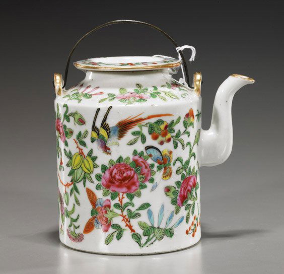 Old Chinese Famille Rose Porcelain Teapot: Old Chinese Famille Rose Porcelain TeapotOld Chinese Famille Rose porcelain teapot; of cylindrical form with designs of birds and butterflies among flowering plants, wire handle, early 20th Century; H